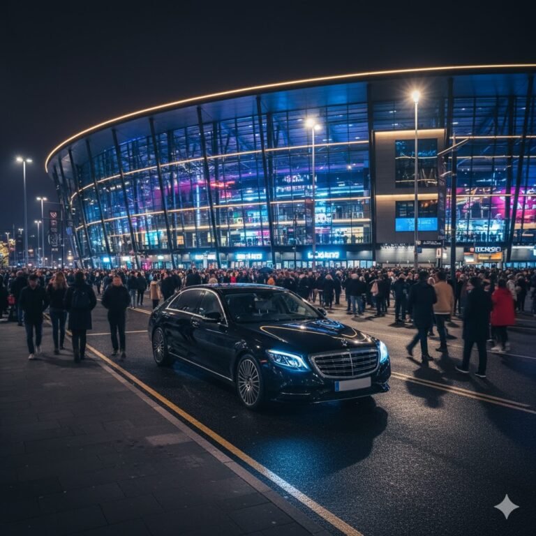 Black Mercedes EQS saloon from MCR-EXEC parked outside a brightly lit arena in Manchester at night, surrounded by event crowds attending a concert or football match.