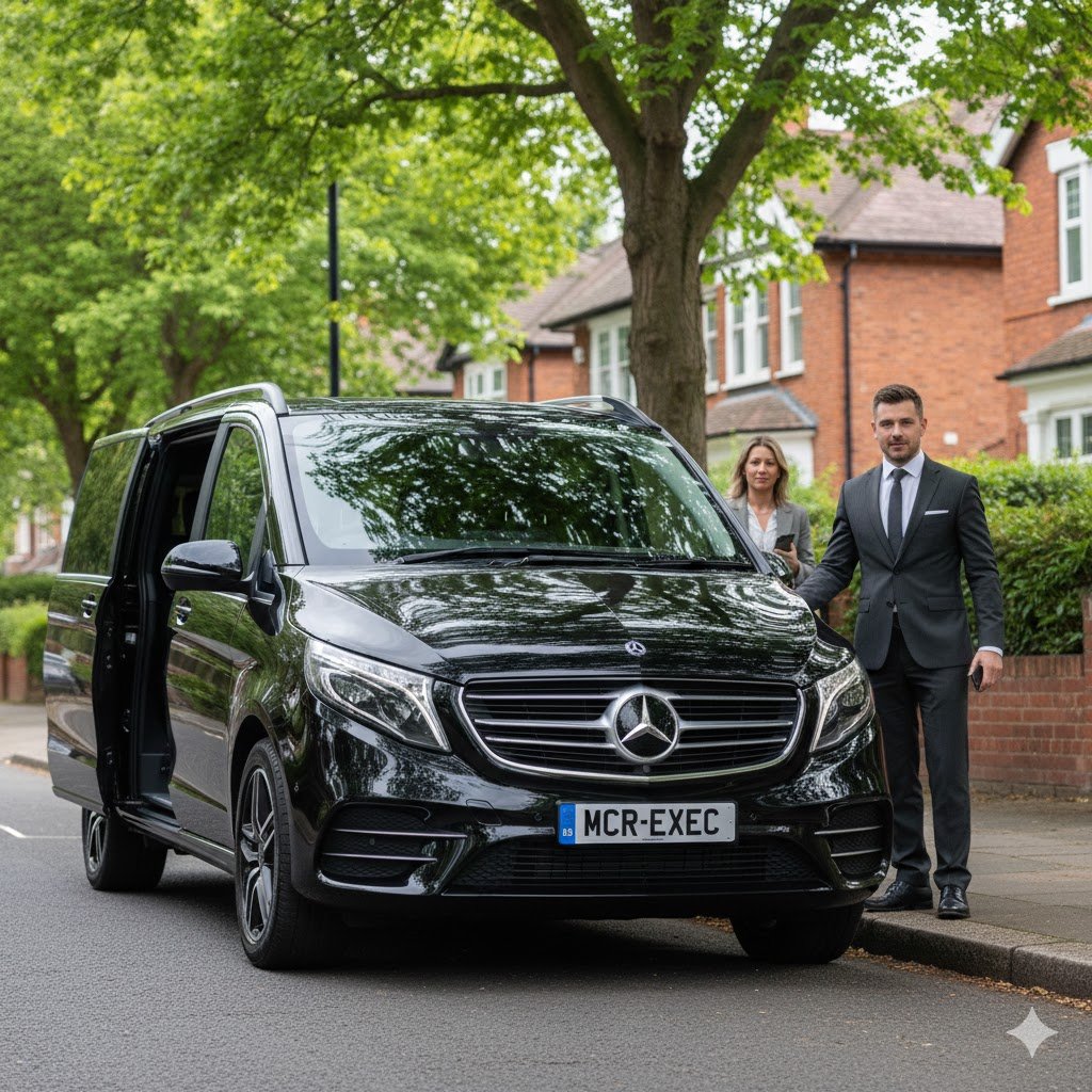 MCR EXEC Mercedes V-Class outside a premium Eccles setting for Chauffeur Service in Eccles