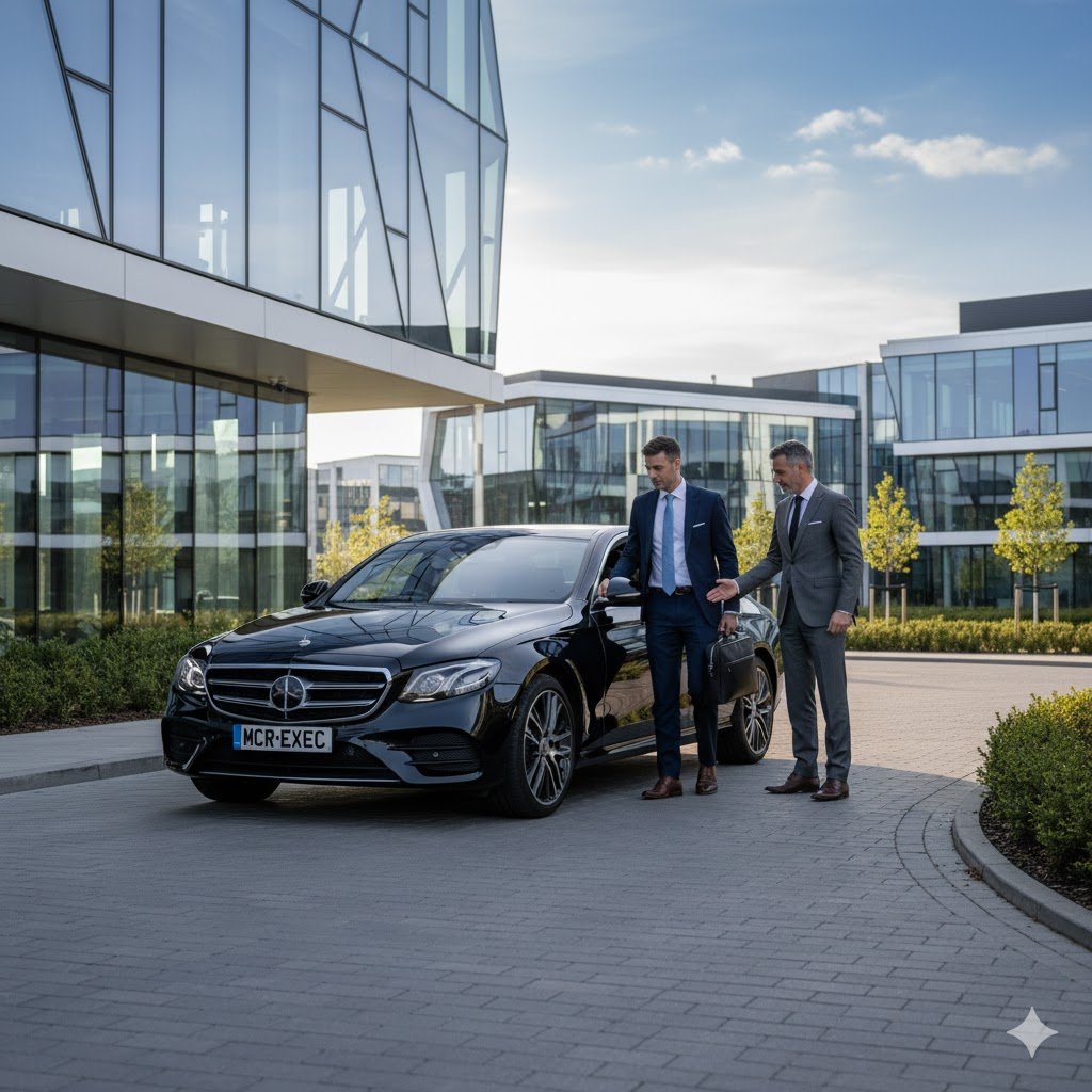 Daresbury Chauffeur Services – 2025 Mercedes E-Class by MCR EXEC at Daresbury Science Park with chauffeur assisting business traveller.