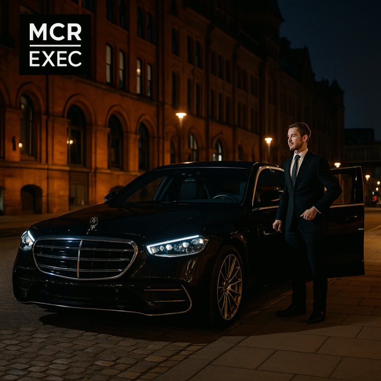 Luxury black Mercedes S-Class chauffeur car in Deansgate Manchester at night, MCR EXEC chauffeur opening the door.