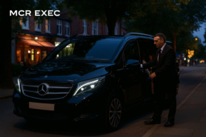 Black Mercedes V-Class chauffeur vehicle in Didsbury, Manchester, with MCR EXEC chauffeur assisting passengers in the evening.

