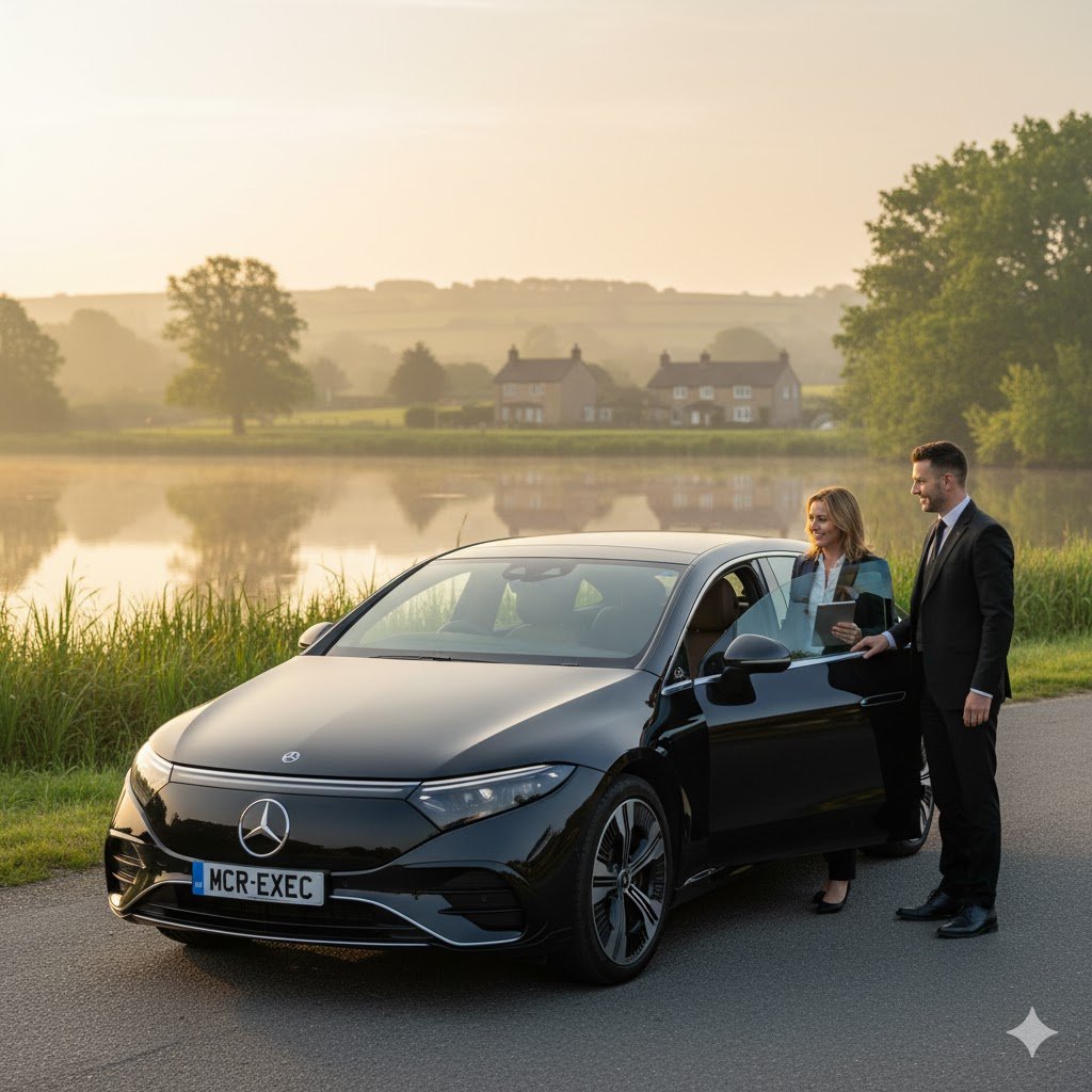 Executive Car Hire Elton by MCR EXEC – black Mercedes EQE parked near Elton Reservoir, chauffeur greeting a business traveller beside tranquil water, representing professional airport transfers, executive travel, and luxury car hire across Elton and Bury