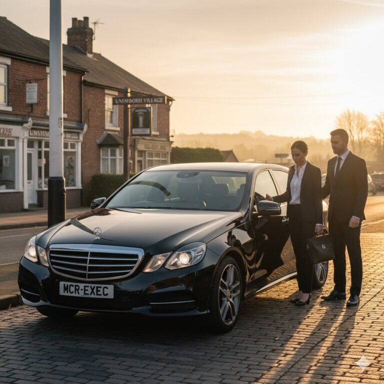 Executive Car Hire Unsworth by MCR EXEC – luxury black Mercedes E-Class parked beside Unsworth Pole at sunrise, chauffeur assisting a business traveller with luggage, highlighting professional airport transfers, corporate travel, and executive mobility across Unsworth, Bury, and Greater Manchester.