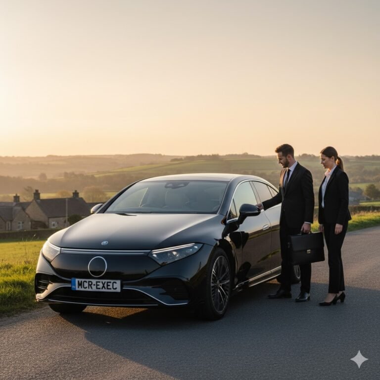 Executive Transfers Brandlesholme by MCR EXEC – black Mercedes EQE parked on Brandlesholme Road at sunrise, chauffeur assisting a business traveller with a briefcase amid quiet hills, showcasing luxury airport transfers, corporate travel, and eco-conscious executive mobility in Bury and Greater Manchester.