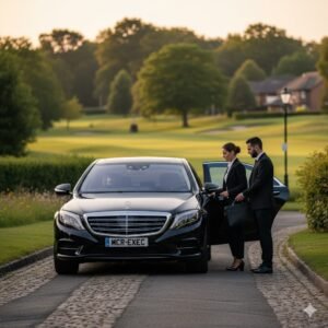 Executive Transfers Greenmount by MCR EXEC – black Mercedes S-Class parked near Greenmount Golf Club, chauffeur opening rear door for an executive client under golden evening light, showcasing luxury airport transfers, corporate travel, and premium chauffeur service in Greenmount, Bury, and Greater Manchester. 