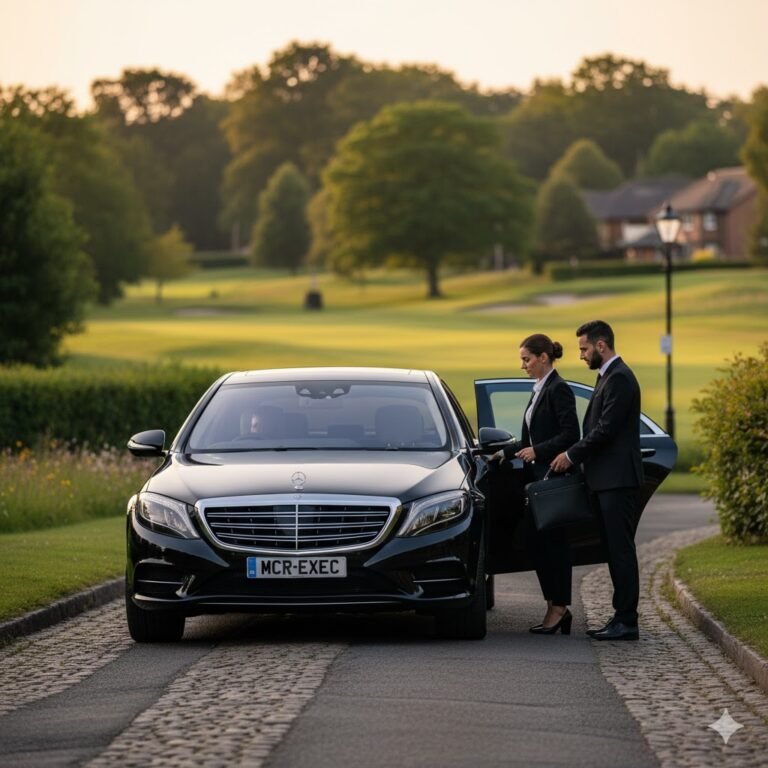 Executive Transfers Greenmount by MCR EXEC – black Mercedes S-Class parked near Greenmount Golf Club, chauffeur opening rear door for an executive client under golden evening light, showcasing luxury airport transfers, corporate travel, and premium chauffeur service in Greenmount, Bury, and Greater Manchester.