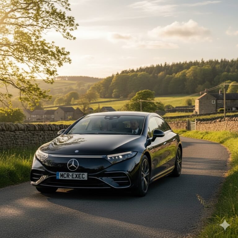 Executive Transfers Hawkshaw by MCR EXEC – sleek black Mercedes EQS driving through Redisher Woods under warm evening light, showcasing eco-luxury airport transfers, corporate travel, and professional chauffeur services across Hawkshaw, Bury, and Greater Manchester.