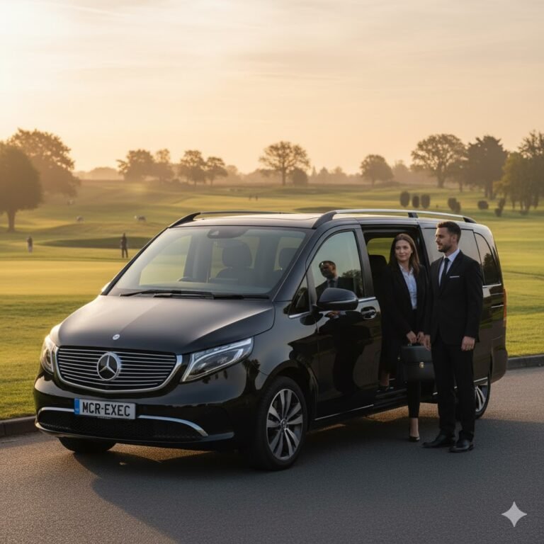 Executive Transfers Walmersley by MCR EXEC – black Mercedes EQV parked beside Walmersley Golf Club at sunrise, chauffeur assisting a business traveller, representing luxury airport transfers, executive mobility, and professional chauffeur service across Bury and Greater Manchester