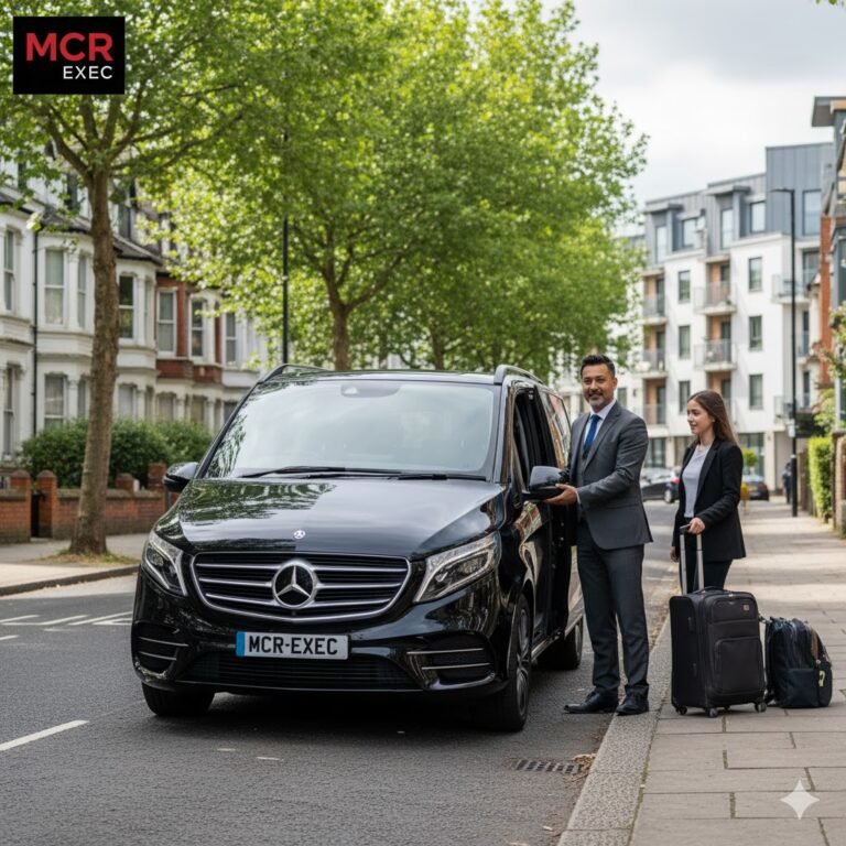 Black Mercedes V-Class with MCR-EXEC plate parked in Fallowfield, Manchester, chauffeur assisting a passenger with luggage during the day.