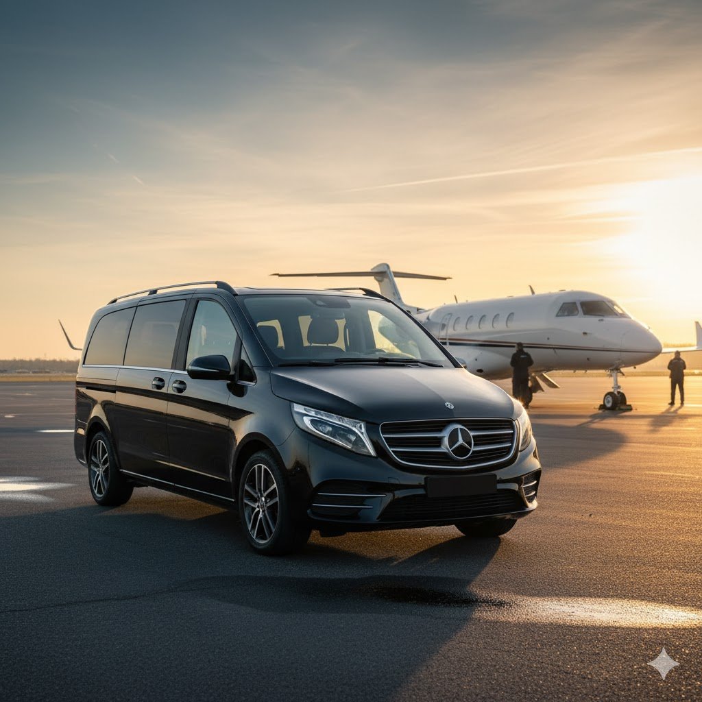 A luxury black Mercedes V-Class MPV from MCR-EXEC parked beside a private jet at Manchester Airport during sunrise. The executive chauffeur stands ready near the aircraft, waiting for a VIP traveller. The vehicle features the distinctive MCR-EXEC number plate, symbolising premium airport chauffeur service and seamless private jet transfers in Manchester.