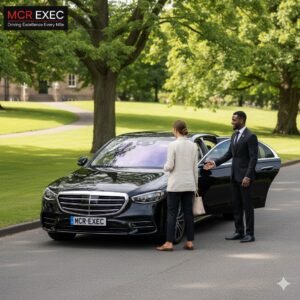 Flixton Chauffeur Hire by MCR EXEC showing a black Mercedes S-Class with MCR-EXEC plate parked near Flixton Park, chauffeur assisting a passenger in daylight.