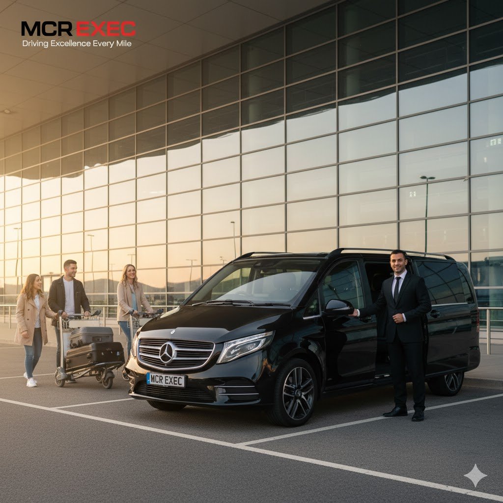 An early morning airport transfer image outside Manchester Airport Terminal 2, showing a black Mercedes V-Class 2025 with an MCR-EXEC number plate ready for passengers. A family of four, each with travel bags, approaches the vehicle as a courteous MCR EXEC chauffeur in a dark tailored suit welcomes them beside the kerb. The soft dawn sky and terminal glass reflect on the polished paintwork, illustrating the professionalism and punctuality of Gatley Executive Car Hire by MCR EXEC — providing luxury airport transfers, family transport, and executive travel between Gatley, Heald Green, and Stockport.