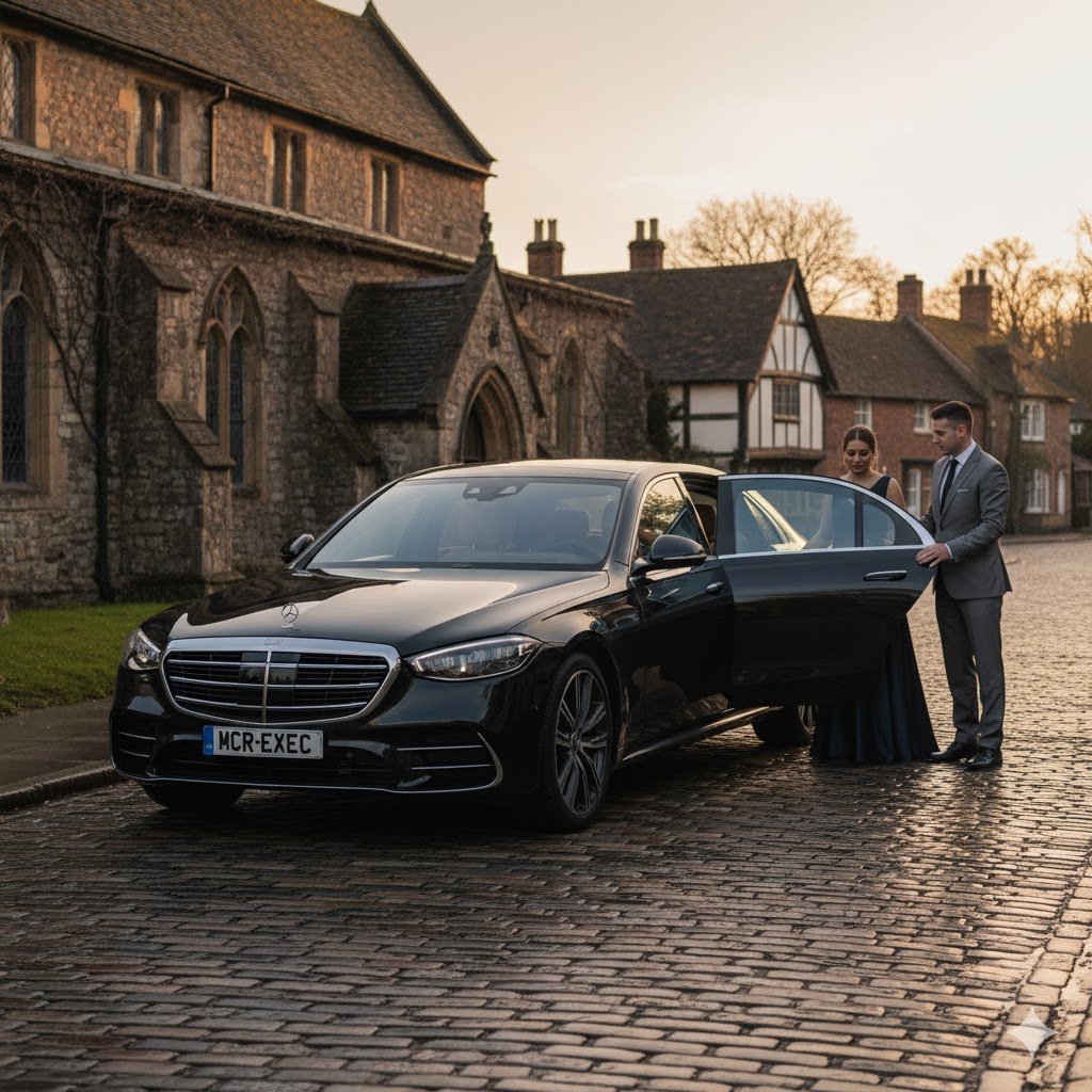 Grappenhall Chauffeur Services – 2025 Mercedes S-Class by MCR EXEC beside Grappenhall church with chauffeur assisting couple at sunset.