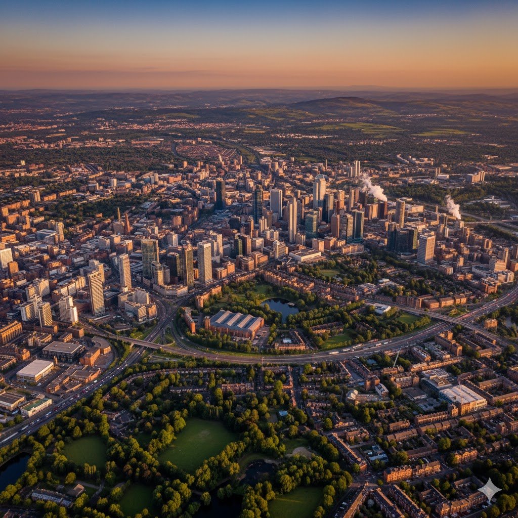 High-altitude aerial view of Greater Manchester at sunset, showcasing the city’s skyline, green parks, and surrounding urban landscape. A black 2025 Mercedes V-Class with MCR-EXEC number plate is seen on a main route leading toward the city centre, symbolising the seamless connectivity and professionalism of MCR-EXEC’s Greater Manchester Chauffeur Services.