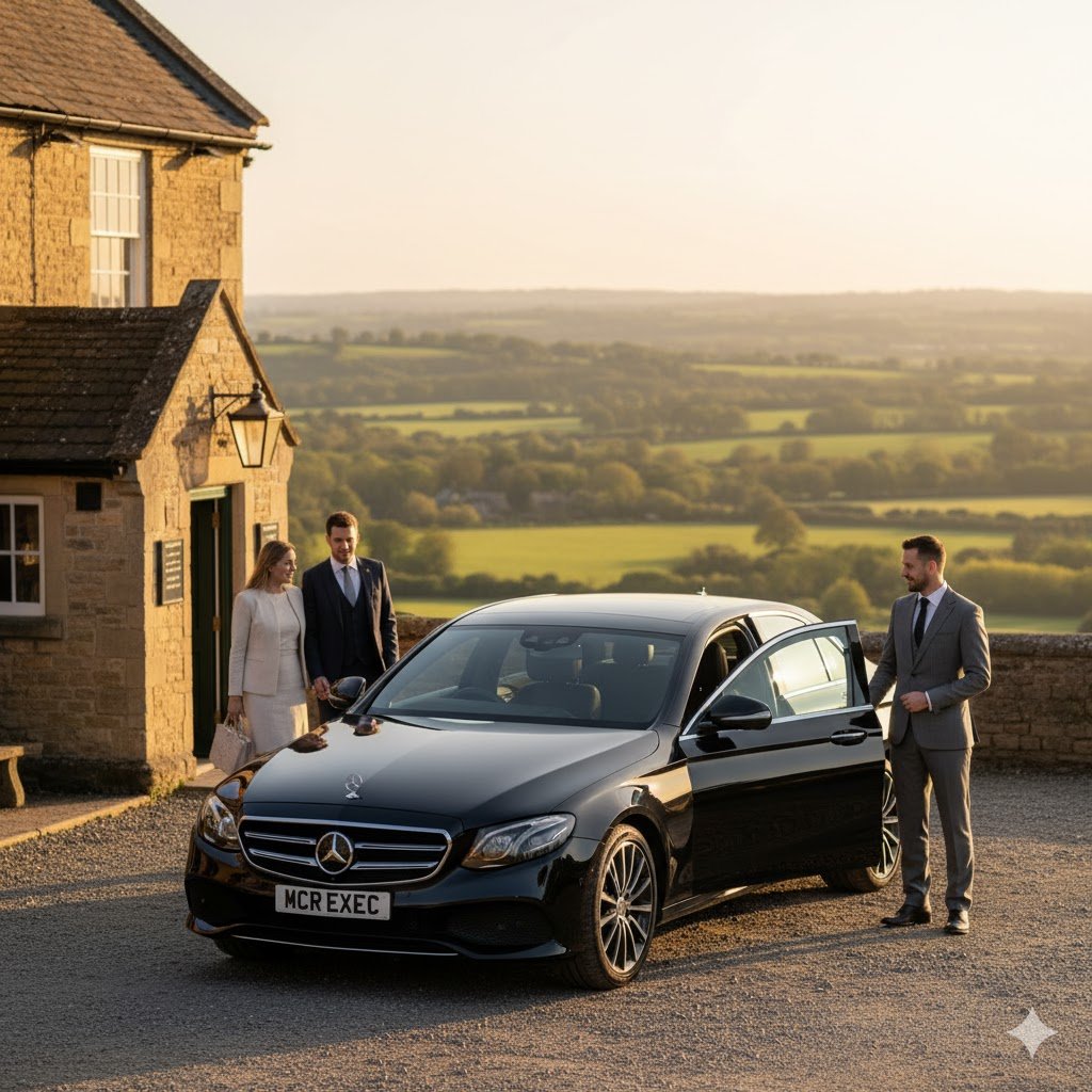 Hatton Chauffeur Services – 2025 Mercedes E-Class by MCR EXEC near Hatton Arms Cheshire with chauffeur greeting couple in golden light.