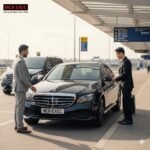 A detailed image depicting a black Mercedes E-Class 2025 operated by MCR EXEC parked at Manchester Airport Departures early in the morning. A business traveller wearing a light grey suit stands beside the car, handing his luggage to a courteous chauffeur dressed in black. The MCR-EXEC number plate and subtle company branding appear clearly as the sun rises over the terminal glass façade. The photo captures the precision and professionalism of Hazel Grove Chauffeur Service by MCR EXEC, representing executive-level travel, flight monitoring, and reliable airport transfer service between Hazel Grove, Stockport, and Greater Manchester.