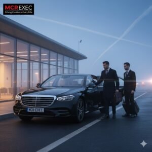 An atmospheric pre-dawn image showing a black Mercedes S-Class 2025 with a prominent MCR-EXEC number plate waiting outside a Manchester Airport private terminal. A business traveller in a dark overcoat stands beside the car, handing over a suitcase to a professional MCR EXEC chauffeur dressed in formal black attire without hat or gloves. The faint morning mist, glowing runway lights, and aircraft silhouettes create a cinematic setting that captures the essence of Heald Green Airport Chauffeur Transfers by MCR EXEC — delivering punctual, luxurious, and professional airport transport across Stockport, Heald Green, and Greater Manchester.