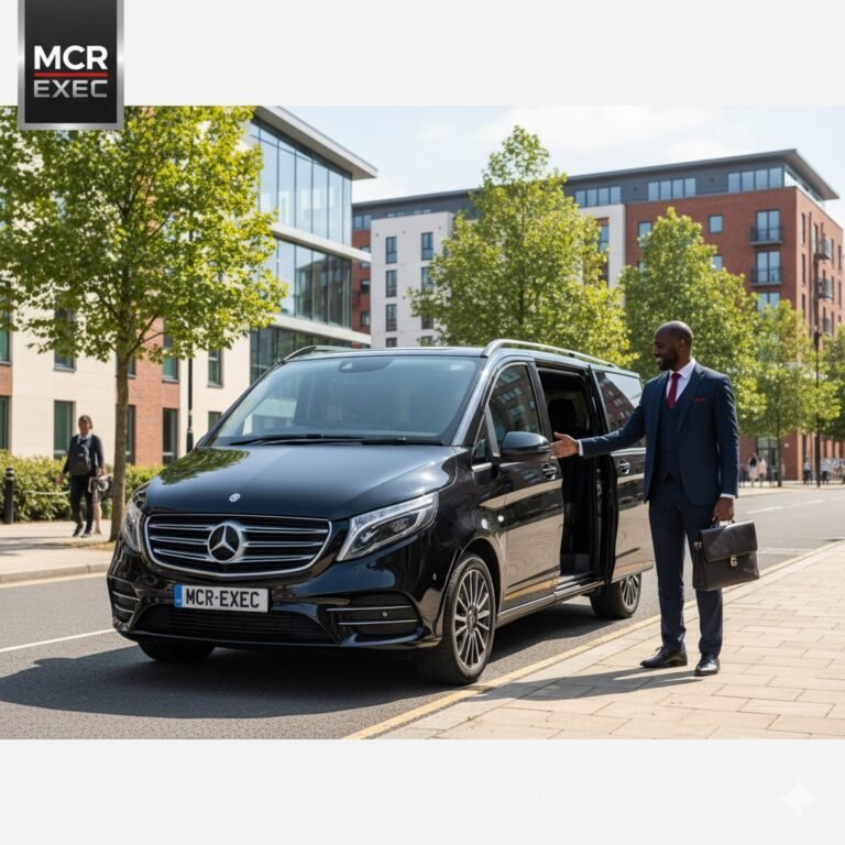 Black Mercedes V-Class with MCR-EXEC plate in Hulme, Manchester, chauffeur assisting a passenger beside modern buildings near Birley Fields Campus.