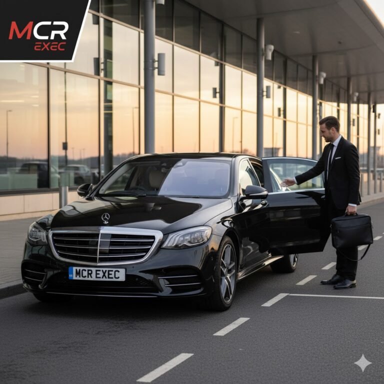Irlam Airport Chauffeur Transfers by MCR-EXEC — a black 2025 Mercedes S-Class with MCR-EXEC number plates positioned at Manchester Airport Terminal 2 during early sunrise. A professional chauffeur in a tailored suit (no hat or gloves) assists a business traveller with rolling luggage at the curb. The glass façade of the terminal reflects the dawn light. The MCR EXEC logo is displayed in the top-left corner. This image represents premium airport chauffeur service from Irlam, connecting executives and families to Manchester Airport with professionalism, comfort, and reliability