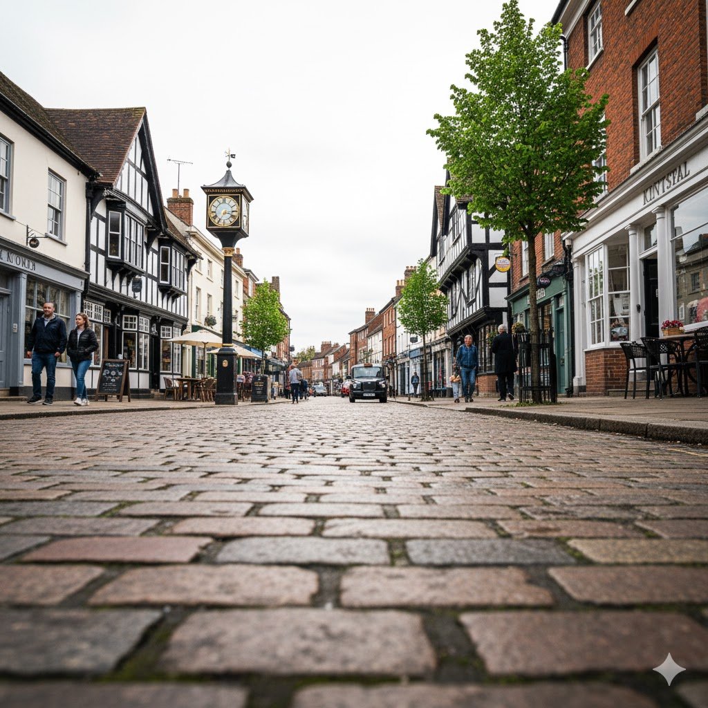 Street-level view of Knutsford’s historic high street with cobbled paving, classic Tudor-style buildings, and the town’s landmark clock tower in the centre. A black 2025 Mercedes S-Class with MCR-EXEC number plate is parked along the road, ready for client pick-up, representing premium Knutsford Chauffeur Services by MCR-EXEC.