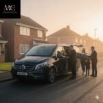 Little Hulton Airport Chauffeur Transfers by MCR-EXEC — a black 2025 Mercedes V-Class with MCR-EXEC plates is parked outside a detached suburban home in Little Hulton. A uniformed chauffeur (no hat or gloves) assists a family loading suitcases for an early-morning airport trip. The scene shows soft sunrise light and mist reflecting on the car’s bodywork. The MCR EXEC logo appears top-left, representing professional airport chauffeur service, reliability, and luxury transport from Little Hulton to Manchester Airport