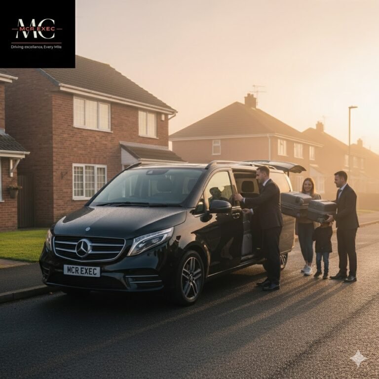 Little Hulton Airport Chauffeur Transfers by MCR-EXEC — a black 2025 Mercedes V-Class with MCR-EXEC plates is parked outside a detached suburban home in Little Hulton. A uniformed chauffeur (no hat or gloves) assists a family loading suitcases for an early-morning airport trip. The scene shows soft sunrise light and mist reflecting on the car’s bodywork. The MCR EXEC logo appears top-left, representing professional airport chauffeur service, reliability, and luxury transport from Little Hulton to Manchester Airport