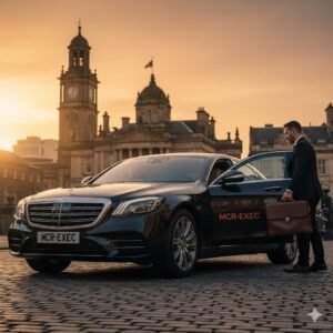 Chauffeur opening a black Mercedes S-Class for a business passenger in Bury – MCR EXEC 