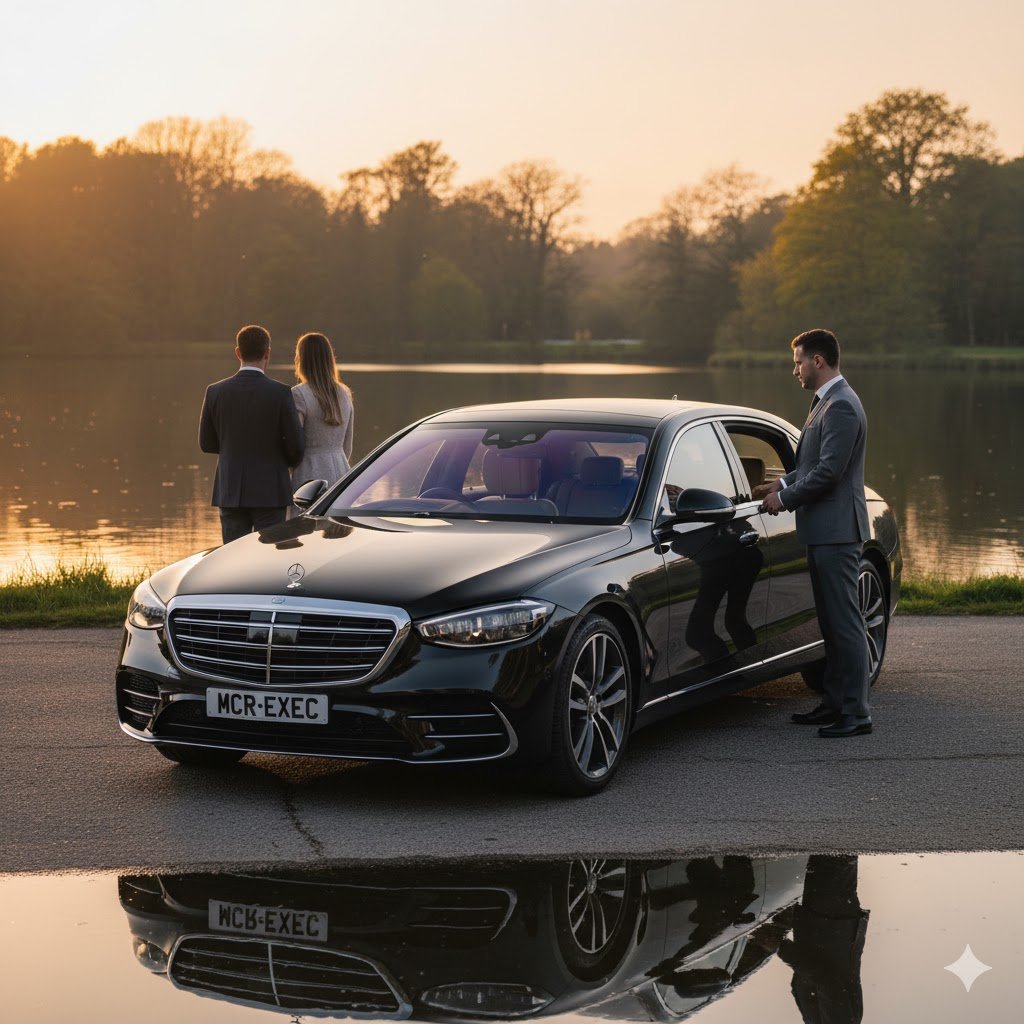 Lymm Chauffeur Services – 2025 Mercedes S-Class by MCR EXEC near Lymm Dam with chauffeur greeting couple at sunset