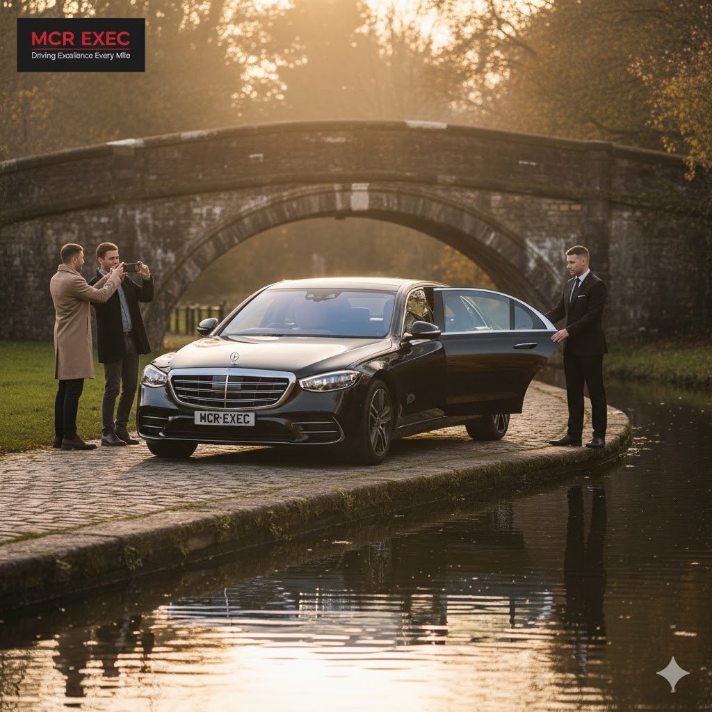 A cinematic countryside image of a black Mercedes S-Class 2025 with a clear MCR-EXEC number plate parked by the canal at Marple Locks, Greater Manchester. The luxury saloon’s polished surface reflects sunlight and surrounding greenery as a smartly dressed couple prepare to enter for their Marple Luxury Chauffeur Hire journey. The MCR EXEC chauffeur, in a professional black suit without hat or gloves, holds the door open with a courteous posture. The historic stone bridge and calm canal water frame the background, illustrating luxury, tranquillity, and sophistication in every aspect of MCR EXEC’s chauffeur-driven travel.