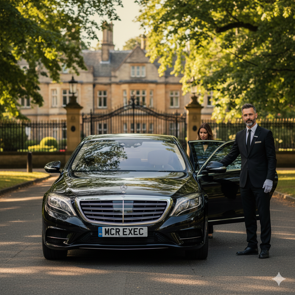 An ultra-crisp, high-definition image of a luxurious black Mercedes-Benz S-Class, representing MCR EXEC's Alderley Edge Chauffeur Service, parked in a scenic, affluent part of the village.