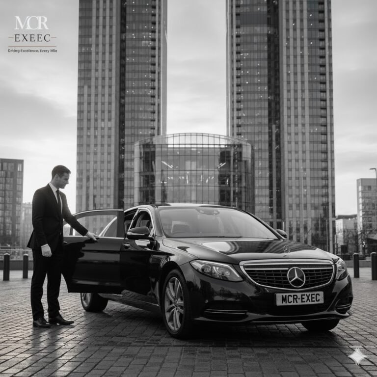 Professional MCR EXEC chauffeur in a tailored black suit opens the rear door of a luxury black Mercedes-Benz S-Class with registration plate “MCR-EXEC” in front of Manchester’s Deansgate Square towers, representing the company’s premium chauffeur service.