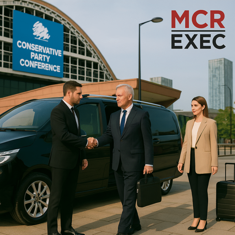 MCR-EXEC chauffeur service with a black Mercedes V-Class outside the Conservative Party Conference Manchester, chauffeur greeting a delegate with luggage assistance.