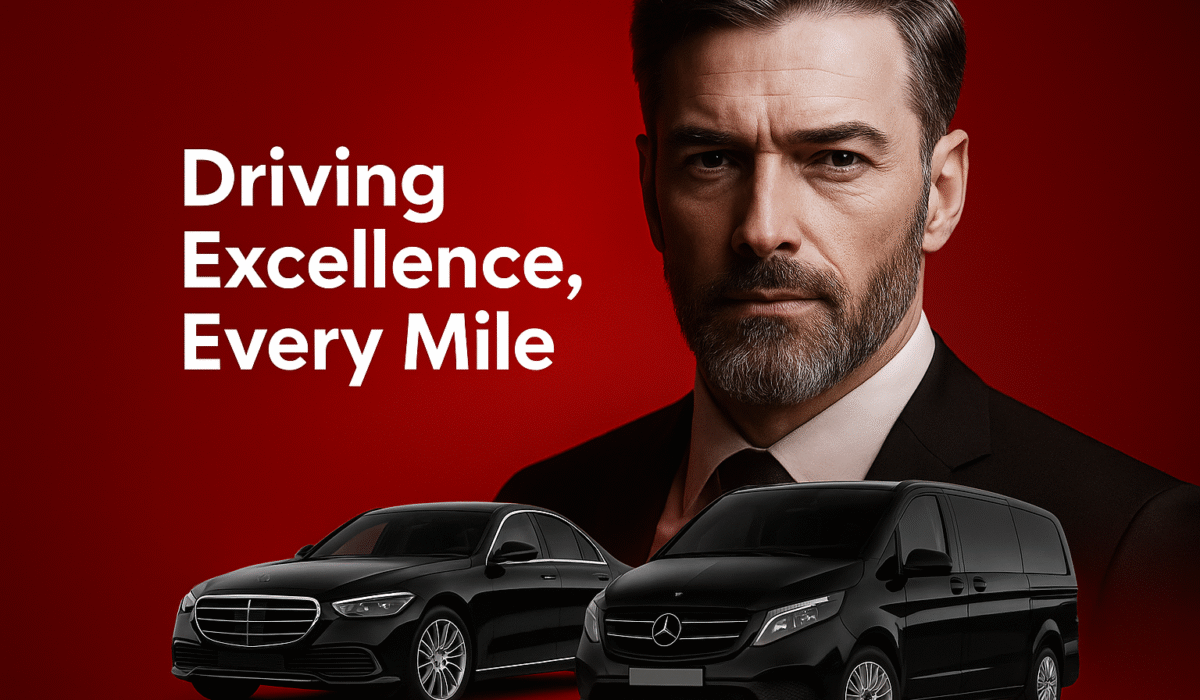 Professional chauffeur representing MCR EXEC standing beside black Mercedes S-Class and V-Class vehicles under a soft red and black duotone background, highlighting luxury executive travel.