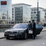 Black Mercedes S-Class with MCR-EXEC number plate parked outside BBC buildings at Media City, Salford Quays, representing luxury executive transport.