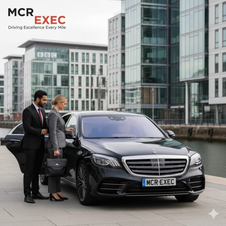 Media City Corporate Transfers Manchester by MCR-EXEC — a black 2025 Mercedes S-Class bearing MCR-EXEC number plates is parked outside the BBC and Dock 10 studios at MediaCityUK, Salford. A professional chauffeur in a tailored dark suit (no hat or gloves) opens the rear passenger door for a corporate traveller carrying a laptop bag and production schedule. The morning light reflects off the glass buildings, while signage for BBC and ITV adds context. The MCR EXEC logo appears in the top left corner, and the composition conveys a refined, punctual, and business-class chauffeur experience designed for executives, presenters, and production teams