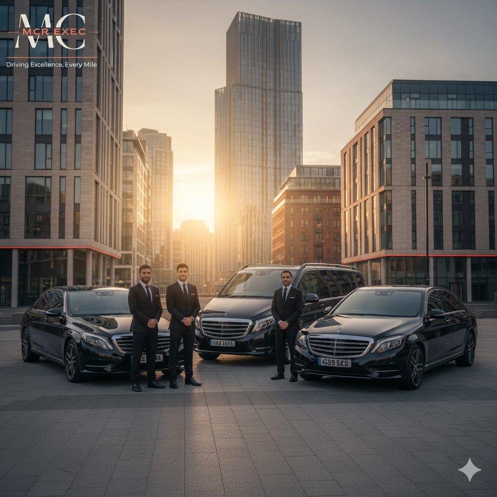 {PRIMARY_KEYWORD} provided by MCR EXEC featuring black Mercedes S-Class, Mercedes V-Class MPV, and Mercedes E-Class chauffeur vehicles with professional chauffeurs standing outside modern city buildings in {LOCATION}, all vehicles displaying MCR-EXEC number plates