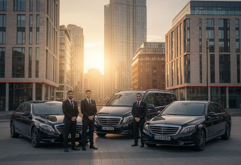 Three MCR EXEC chauffeurs stand beside Mercedes vehicles in Manchester, symbolising teamwork, professionalism, and luxury chauffeur values.