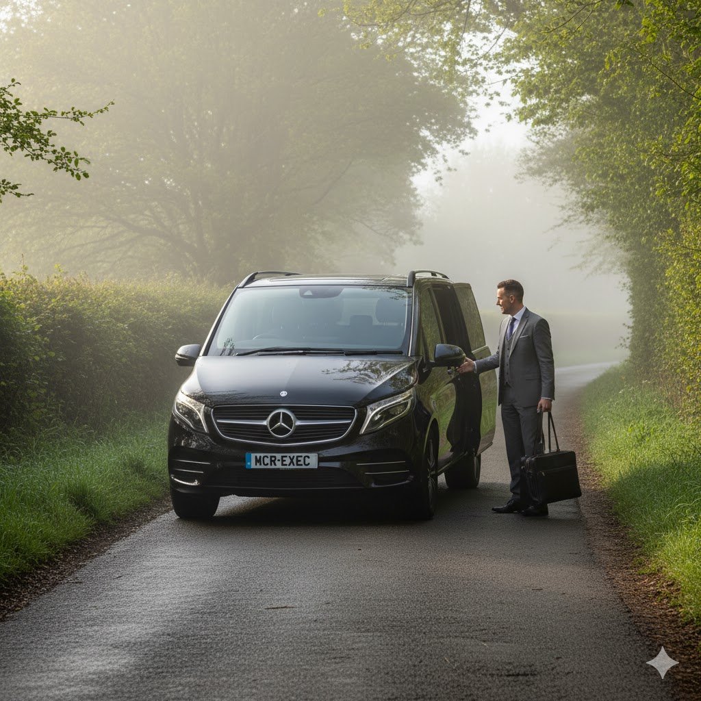 Moore Chauffeur Services – 2025 Mercedes V-Class by MCR EXEC on country lane in Moore with chauffeur assisting traveller in morning mist.