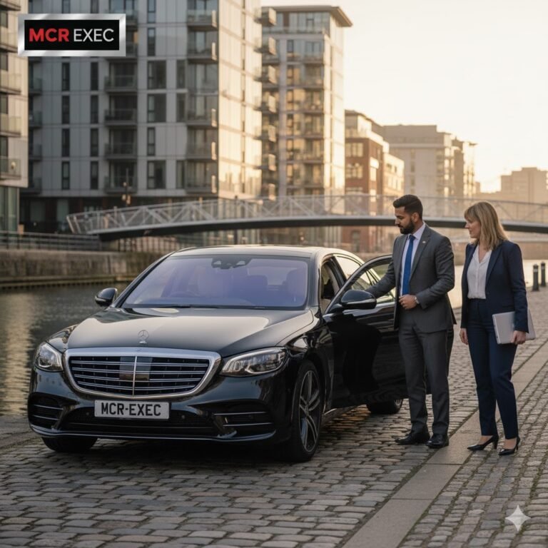 Black Mercedes S-Class with MCR-EXEC plate parked beside New Islington Marina, Manchester, chauffeur opening the rear door for a business client.
