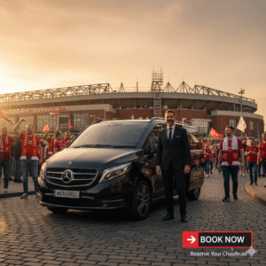 Professional MCR EXEC chauffeur stands beside a black Mercedes-Benz V-Class outside Anfield Stadium before the Liverpool vs Manchester United match, surrounded by cheering fans wearing red scarves and flags. The image includes a discreet red ‘Book Now’ call-to-action button.