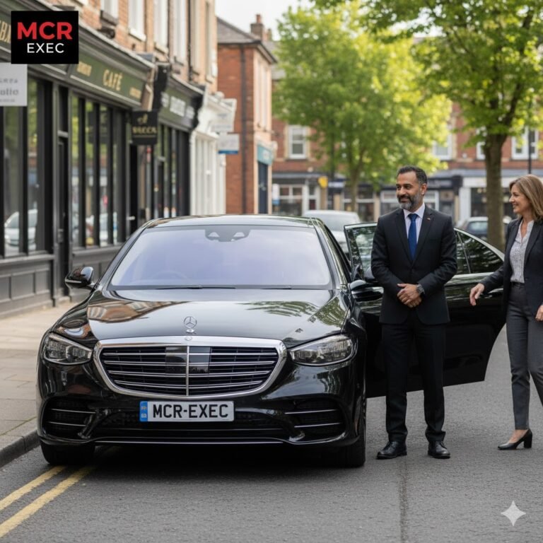 Black Mercedes S-Class with MCR-EXEC number plate parked on Bury New Road, Prestwich, Manchester, with MCR EXEC chauffeur welcoming a passenger.