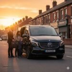 Private Car Hire Fishpool by MCR EXEC – black Mercedes EQV parked on Manchester Road, chauffeur assisting a family with luggage at sunset, representing luxury airport transfers, private hire, and executive travel in Fishpool, Bury, and Greater Manchester.