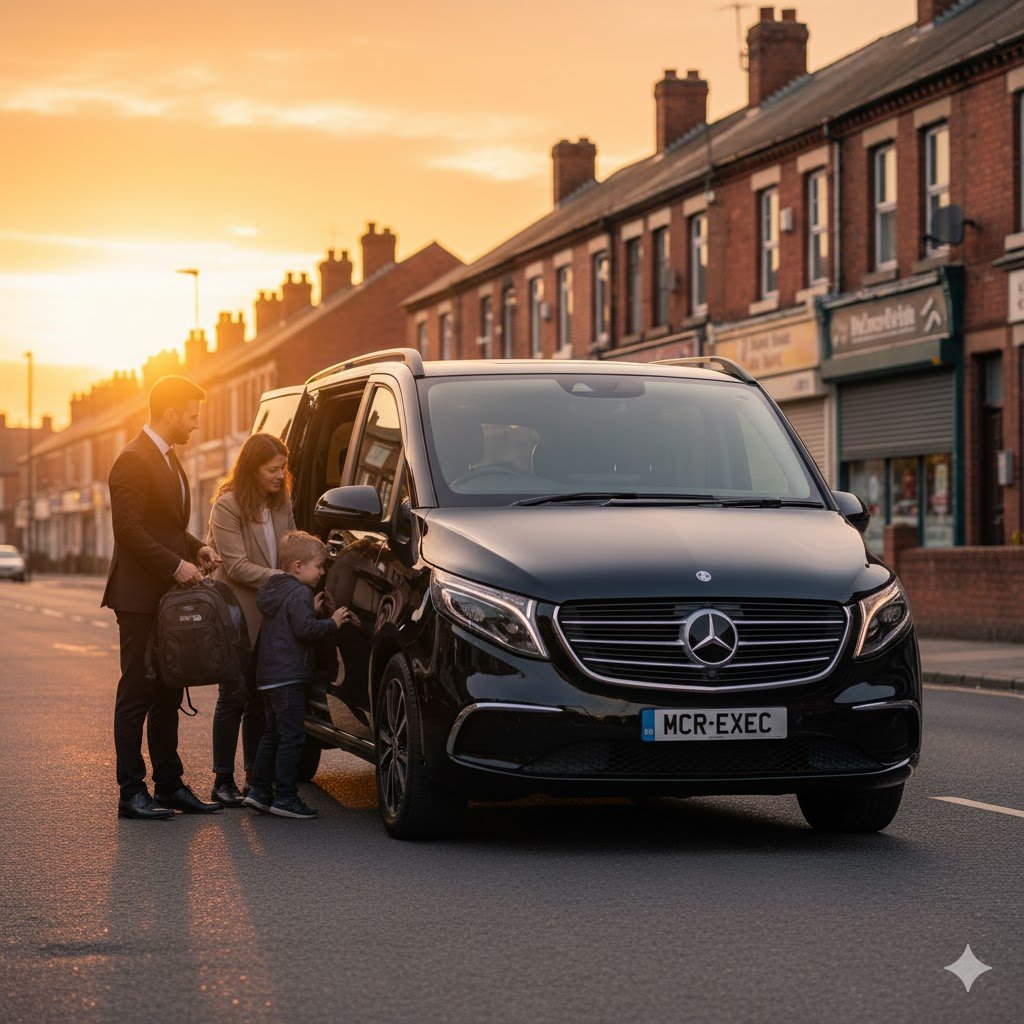 Private Car Hire Fishpool by MCR EXEC – black Mercedes EQV parked on Manchester Road, chauffeur assisting a family with luggage at sunset, representing luxury airport transfers, private hire, and executive travel in Fishpool, Bury, and Greater Manchester.