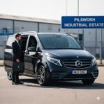 Private Car Hire Pilsworth by MCR EXEC – black Mercedes V-Class parked near Pilsworth Industrial Estate, chauffeur assisting business traveller with luggage, representing professional airport transfers, corporate mobility, and luxury car hire in Bury and Greater Manchester.