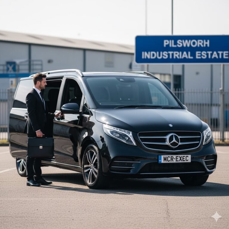 Private Car Hire Pilsworth by MCR EXEC – black Mercedes V-Class parked near Pilsworth Industrial Estate, chauffeur assisting business traveller with luggage, representing professional airport transfers, corporate mobility, and luxury car hire in Bury and Greater Manchester.