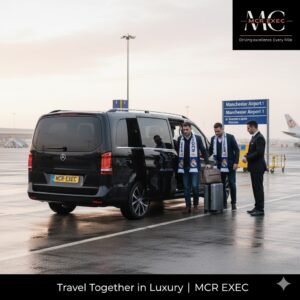 Luxury black Mercedes V-Class MPV with MCR-EXEC number plate waiting outside Manchester Airport as a group of Real Madrid fans load luggage before heading to Anfield Stadium for the Champions League match.