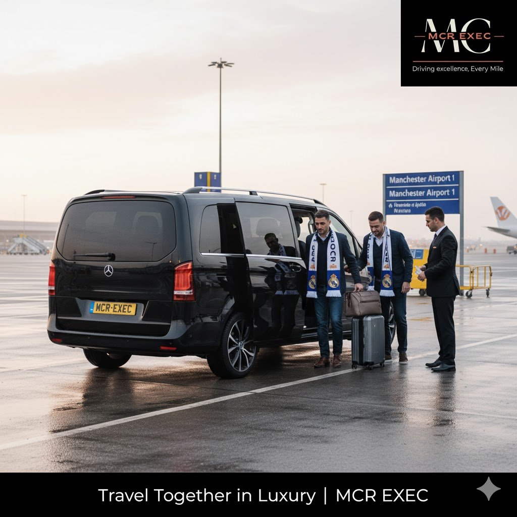 Luxury black Mercedes V-Class MPV with MCR-EXEC number plate waiting outside Manchester Airport as a group of Real Madrid fans load luggage before heading to Anfield Stadium for the Champions League match.