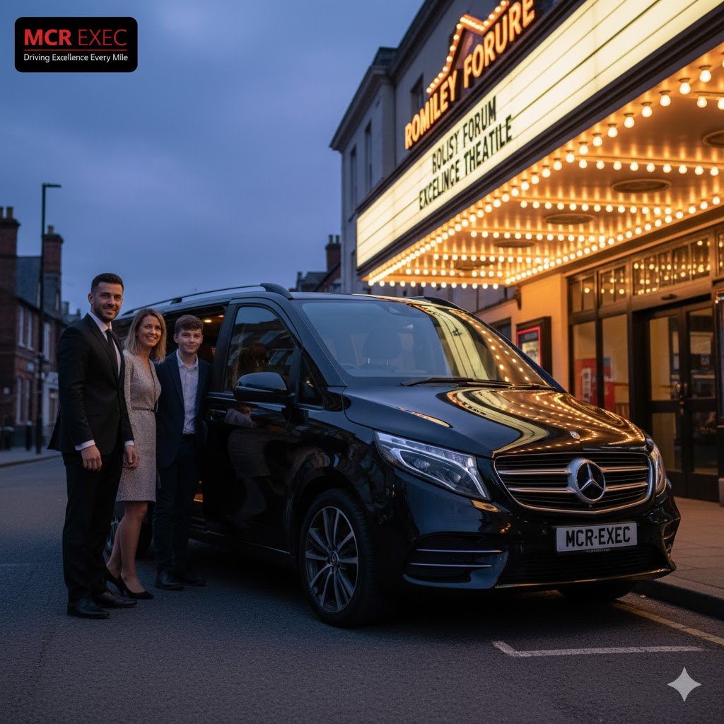 An atmospheric image taken outside Romiley Forum Theatre during a glowing late-afternoon sky. A black Mercedes V-Class 2025 bearing the MCR-EXEC number plate is parked on the street as a family of three exits the vehicle. The MCR EXEC chauffeur, dressed immaculately in a tailored black suit without hat or gloves, assists courteously. Theatre lights reflect on the polished vehicle, conveying the professionalism, warmth, and reliability of Romiley Executive Transport by MCR EXEC, serving clients throughout Stockport and Greater Manchester for airport transfers, event travel, and daily executive hire.