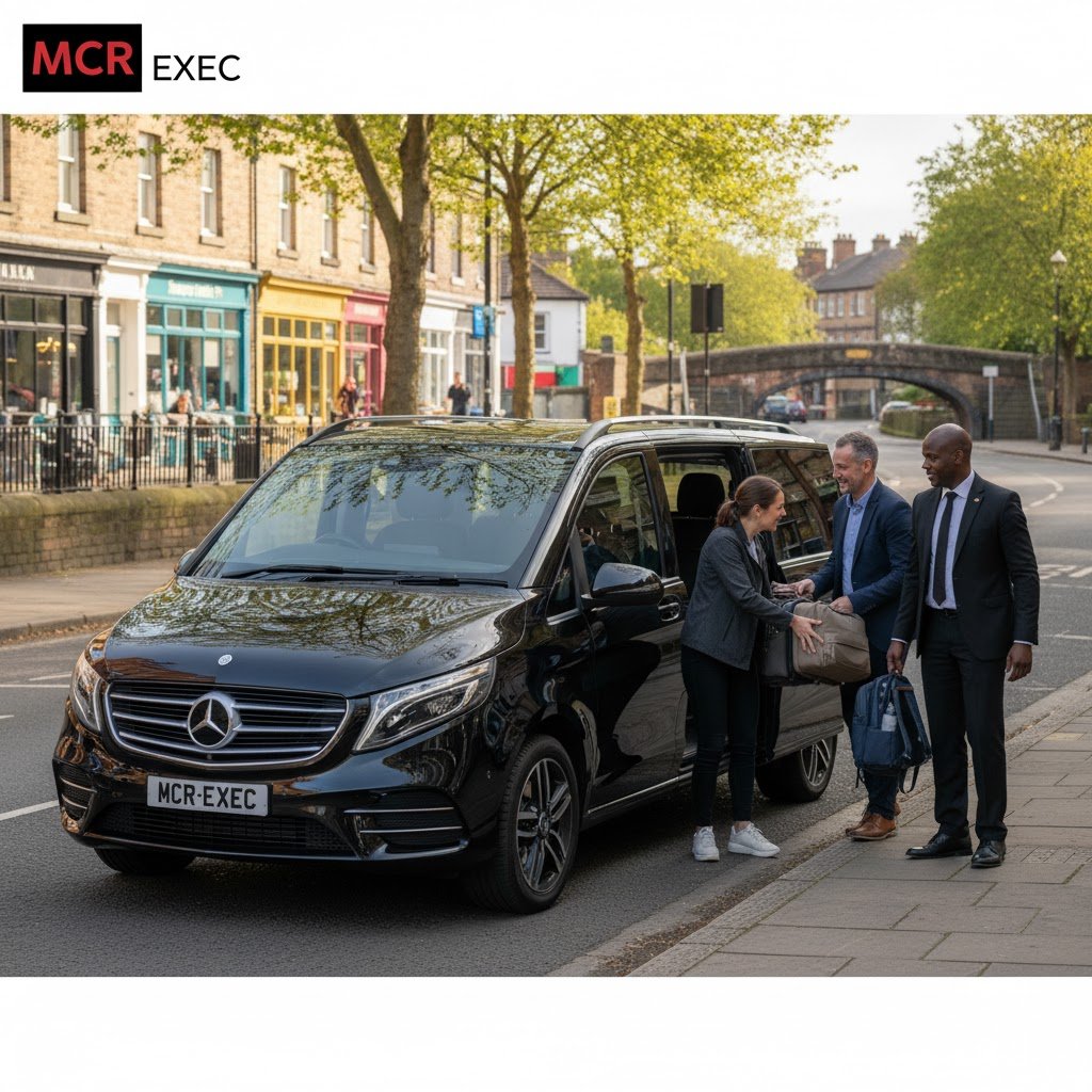 Black Mercedes V-Class with MCR-EXEC plate parked on Northenden Road, Sale, chauffeur assisting a family with luggage near the canal. Sale Professional Chauffeur Travel