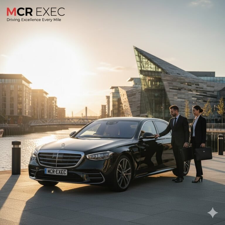Salford Quays Executive Travel Manchester by MCR-EXEC: a black 2025 Mercedes S-Class with MCR-EXEC number plates waits beside The Lowry footbridge at Salford Quays. A professional chauffeur (no hat, no gloves) opens the rear passenger door for two smartly dressed executives with laptop bags. The scene is bright daylight with water reflections and modern architecture visible. The composition highlights premium comfort, discreet service, and punctual arrival for corporate meetings, hotel transfers, and riverside venues